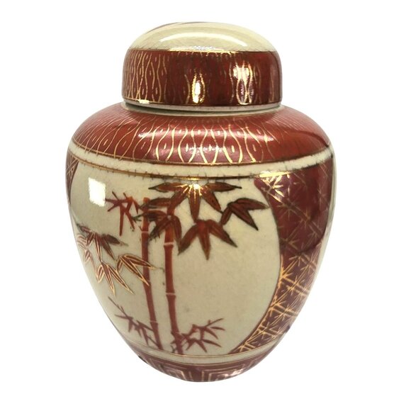 Vintage Japanese Ceramic Ginger Jar With Lid Bamboo Design Rust & Cream JE355 - Picture 1 of 6